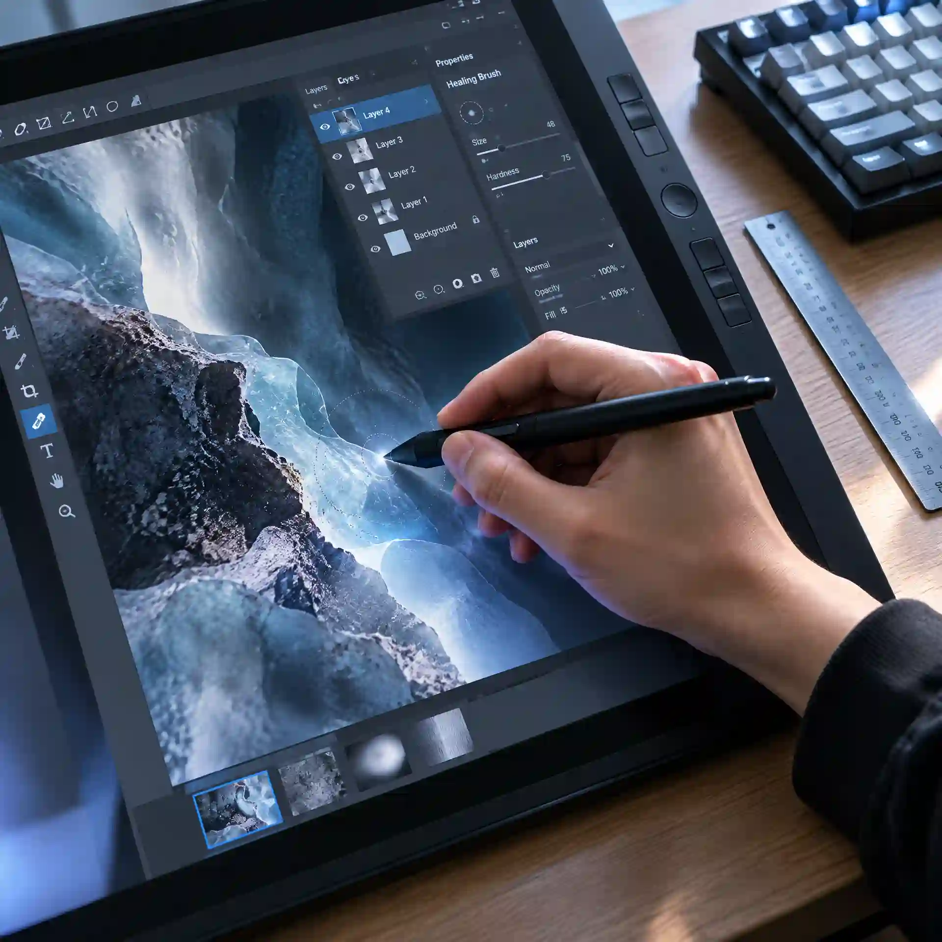 Artist using a stylus on a drawing tablet to paint a landscape, accompanying manga vs manhwa vs manhua discussion of visual preferences, shared artistic techniques, and comic examples.