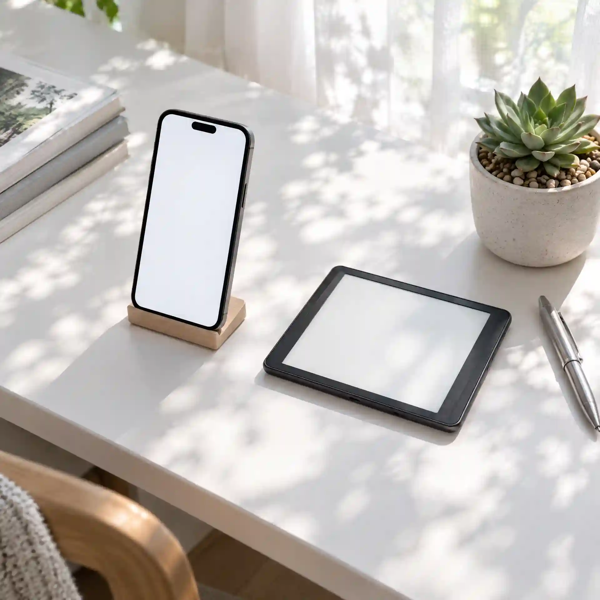 Phone and tablet arranged on a sunlit desk beside a plant, accompanying manga vs manhwa vs manhua answers about comic origins, reading directions, and choosing comfortable digital formats.