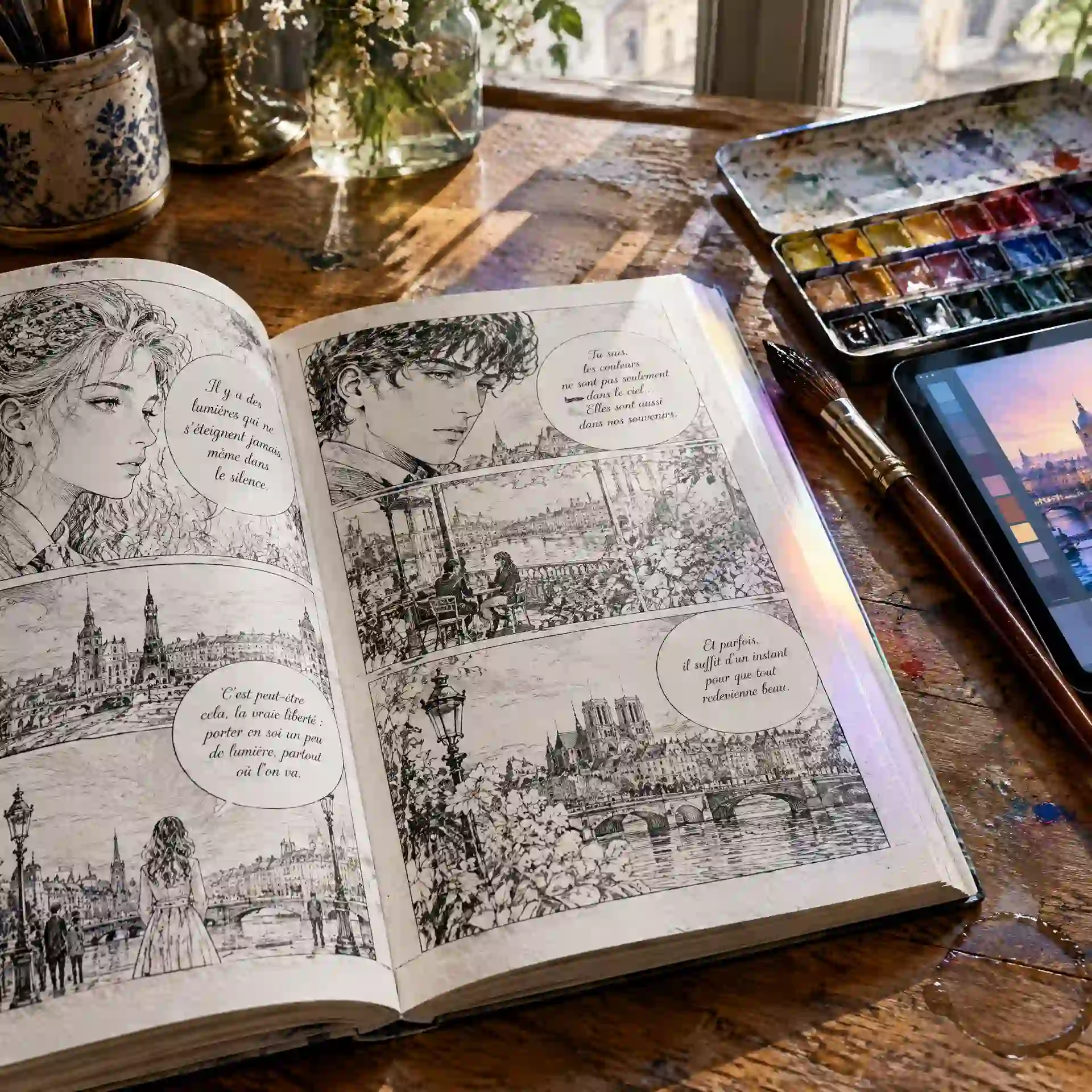 Colorize manga coloring pages for practice, palette exploration, lighting study, and digital painting composition exercises.